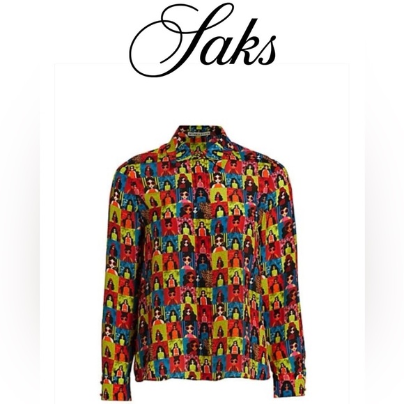 Alice + Olivia Willa Stace-Face Print Silk Button Up Top - Picture 8 of 9